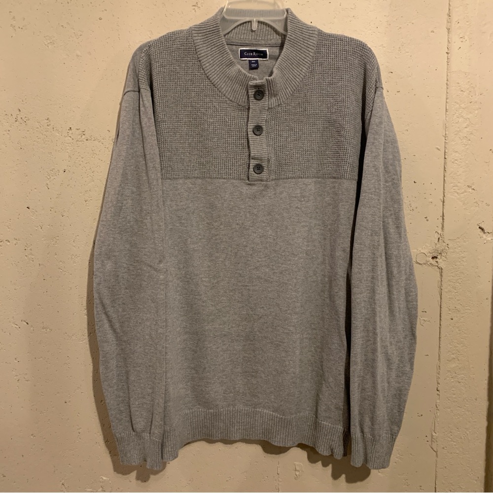 Henley Pullover Sweater Long Sleeve Gray Size 3XL Knit Club Room Crew Neck